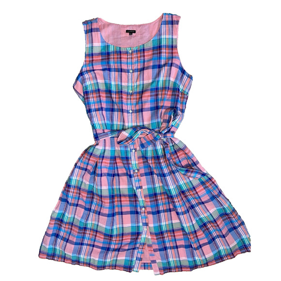 Talbots Dress Womens Size 16 Cotton Pink & Blue Preppy Plaid Picnic Church Mini - Picture 1 of 12